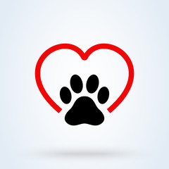 paw, Animal footprint in love symbol. Simple vector modern icon design illustration.