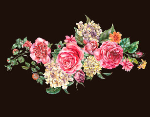 Watercolor Bohemian Vintage Floral Bouquet with Pink Roses, Hydrangea, Snail and Wild Flowers, Botanical Greeting Card