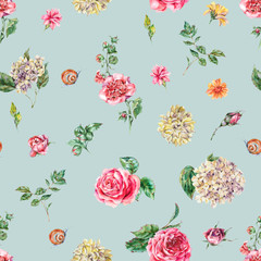 Cute Watercolor Vintage Floral Seamless Pattern with Pink Roses, Hydrangea, Snail and Wild Flowers, Botanical Texture © depiano