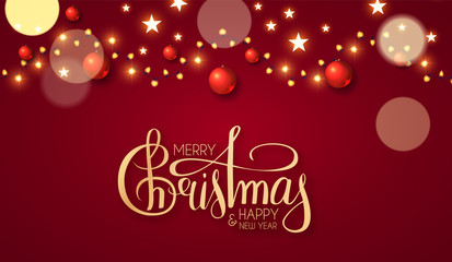 Merry Christmas Shining holiday background with lettering, red balls, stars, light garland and bokeh effect.