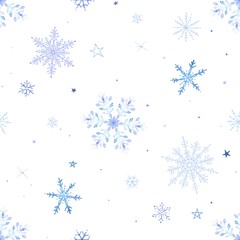Christmas winter seamless pattern with colorful fluttering snowflakes and stars on white background. Vector abstract illustration in vintage watercolor style.