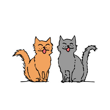 Cat couple smiling, singing and sitting. Colorful outline on white background. Picture can be used in greeting cards, posters, flyers, banners, logo, further design etc. Vector illustration. EPS10
