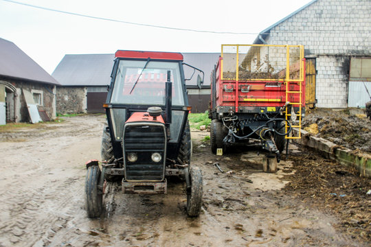 Red tractor and trailer in the yard of a dairy farm. View from the front. The cowshed in the background. Podlasie, Poland.
