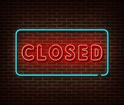 Neon closed sign vector isolated on brick wall. Close bar banner light symbol, decoration effect. Neon illustration