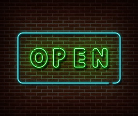 Neon Open door sign vector isolated on brick wall. Open bar banner light symbol, decoration effect. Neon illustration