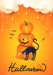 Halloween background with black cat, pumpkins and text