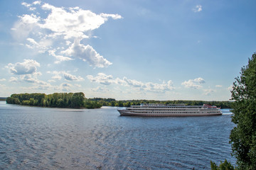 Uglich. Cruise ship on the Volga. Before a storm