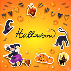 Halloween background with frame of stickers, festoon and text