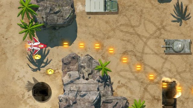 Plane Battles Video Game Imitation. Airplane War 3d Game. Top View. The Plane Flys Over The Jungle And Fights With The Enemy. Smartphone Edition