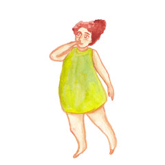 watercolor illustration of a plump woman in a green dress on a white