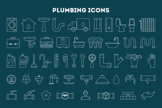 Plumbing icon set. Collection of plumber tool, shower