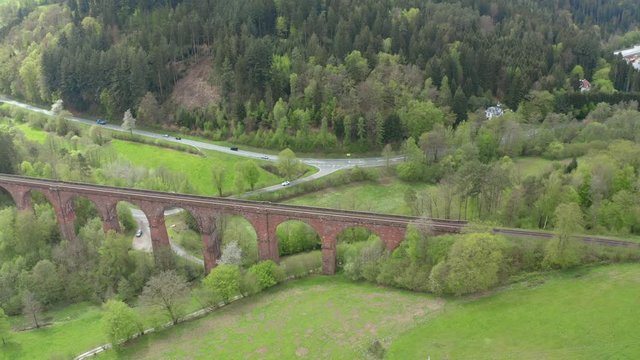 Aerial view, flight to stone arch bridge Himb&auml;chel Viaduct, Erbach - Hetzbach, Himbachel Valley, Odenwald, Hesse, Germany