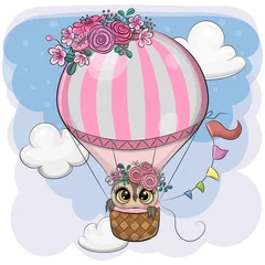 Vitrage gordijnen Dieren in luchtballon Cartoon Uil vliegt op een heteluchtballon