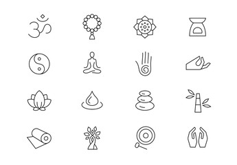 Meditation and yoga retreat thin line vector icons. Editable stroke - obrazy, fototapety, plakaty