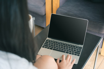 business woman working on computer with empty blank screen in the coffee shop, Concept freedom of work.