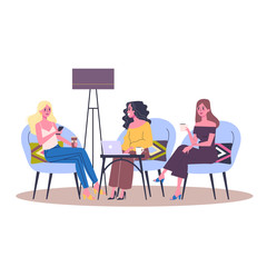 Three women sitting in the cafe. Idea of friendship. Female