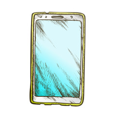 Smartphone Technology Front View Vintage Vector. Design Smartphone Messaging And Calling Device Gadget. Cellular Phone Engraving Concept Mockup Designed In Retro Style Color Illustration