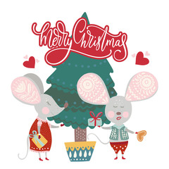 Christmas funny cartoon mice in a flat style and fie tree with lettering quote - Merry Christmas. Winter vector poster with cute New Year mice.