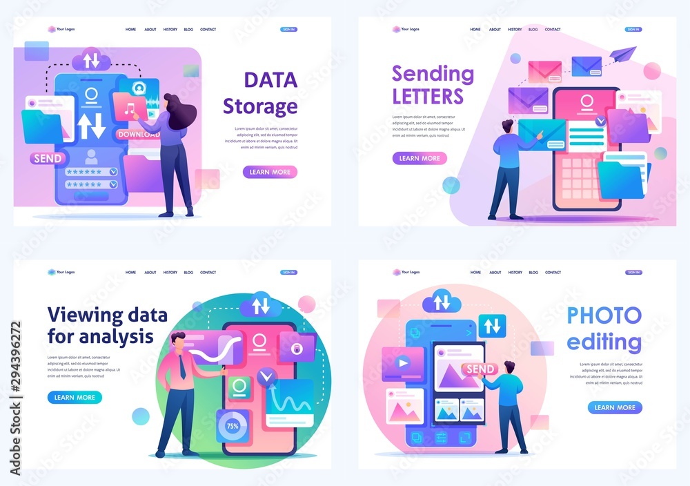Poster set flat 2d concepts photo editing, data storage, viewing data, sending letters. for landing page co