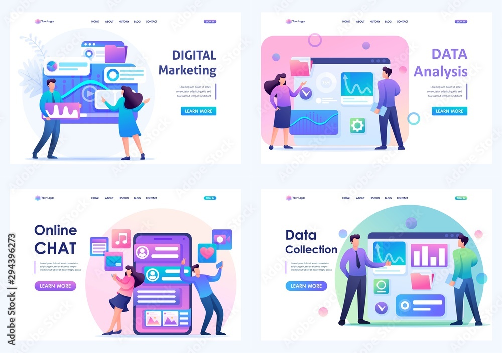 Poster set flat 2d concepts online chat, data analysis, data collection, digital marketing. for landing pag