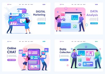 Set Flat 2D concepts Online chat, data analysis, data collection, digital marketing. For Landing page concepts and web design