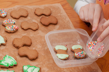 A girl decorates fresh baked homemade Chritstmas gingerbread cookie with icing and sprinkles. Selecrive focus