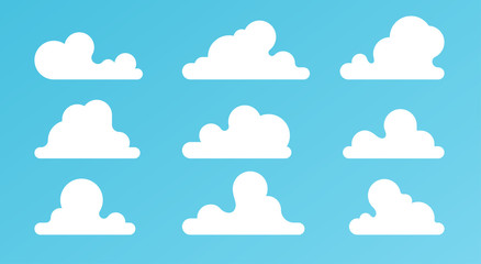 Clouds set isolated on a blue background. Simple cute cartoon design. Modern icon or logo collection. Realistic elements. Flat style vector illustration.