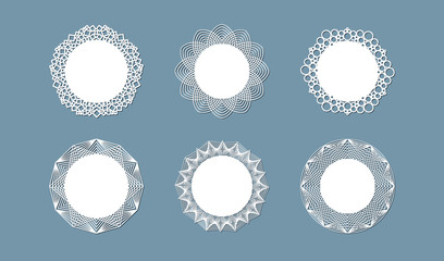 Lasercut lace doily design Round pattern ornament Template mockup of a round white lace doily napkin lasercut frame Set Design element for lasercut elegant vintage invitation banner Vector lacе doily
