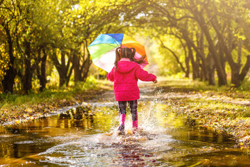 Playful little girl hiding behind colorful umbrella outdoors