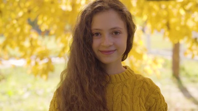 Pretty caucasian redhead girl with long curly hair standing on the background of yellow leaves and smiling to the camera. Cute child in mustard sweater resting in the autumn park.