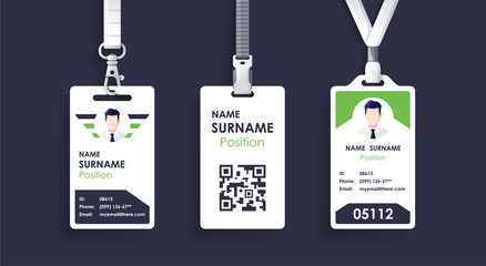 Vector id card template with clasp and lanyard. Green and white color mock up set. Modern colorful icon collection. Employee ID. Simple realistic design. Cute cartoon style. Flat style illustration.