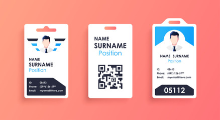 Vector id card template with clasp and lanyard. Blue and white color mock up set. Modern colorful icon collection. Employee ID. Simple realistic design. Cute cartoon style. Flat style illustration.