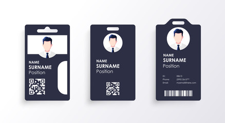 Vector id card template with clasp and lanyard. Blue and white color mock up set. Modern colorful icon collection. Employee ID. Simple realistic design. Cute cartoon style. Flat style illustration.