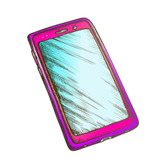 Smartphone Cellular Call Technology Retro Vector. Smartphone With Lcd Touchpad Screen. Mobile Phone For Conversation Engraving Concept Layout Hand Drawn In Vintage Style Color Illustration