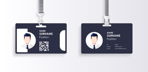 Horizontal id card template with clasp and lanyard. Blue and white color mock up set. Modern colorful icon collection. Employee ID. Simple realistic design. Cute cartoon style. Flat style illustration