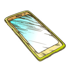 Smartphone Handset Call Technology Retro Vector. Elegant Smartphone With Protective Case. Cell Phone For Conversation Engraving Concept Layout Hand Drawn In Vintage Style Color Illustration