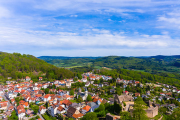 Fototapeta na wymiar Aerial view of the castle Lindenfels, Medieval town Lindenfels, Bergstrasse, Hesse, Germany