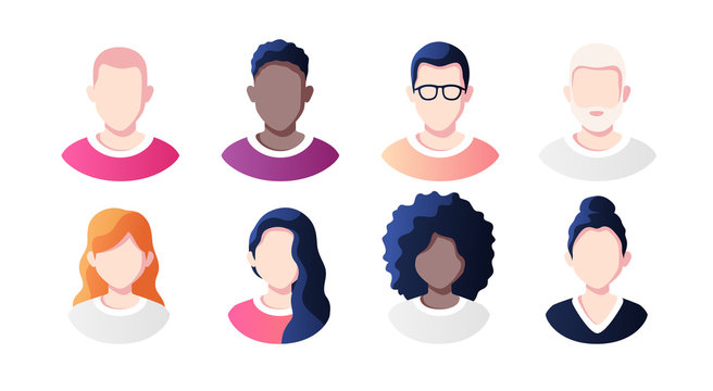 People avatars set isolated on a white background. Profile picture icons. Male and female faces. Cute cartoon modern simple design. Beautiful colorful template. Flat style vector illustration.