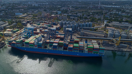 Container terminal aerial view. Container terminal of seaport with bird's eye view.