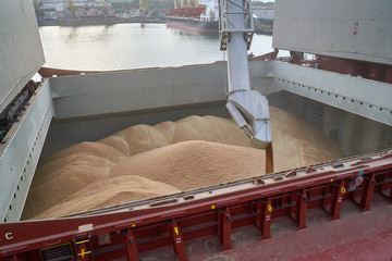 Grain loading in hold of bulk carrier ship with elevator crane closeup. Port grain elevator. Industrial sea trading port bulk cargo zone grain terminal