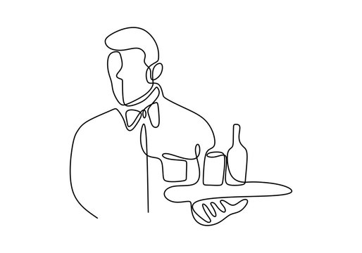 recommend clip art: continuous one line drawing of waitress holding a serving tray . Character employee of a cafe, a restaurant at work.