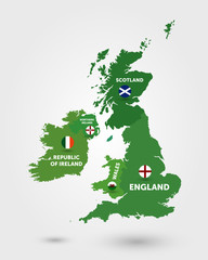  United Kingdom Map. Isolated with England, Scotland, Ireland & Wales Country Flags. - Vector Illustraton - Vector