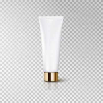 Cosmetic empty tube packaging with plastic, glossy metal gold cap isolated on transparent background. Vector white package for cream, gel.