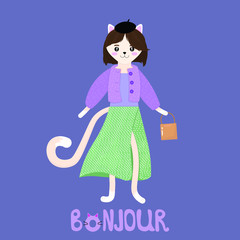 Vector graphics. Cute cartoon, flat illustration of a french cat. Funny character. Hand written text. 