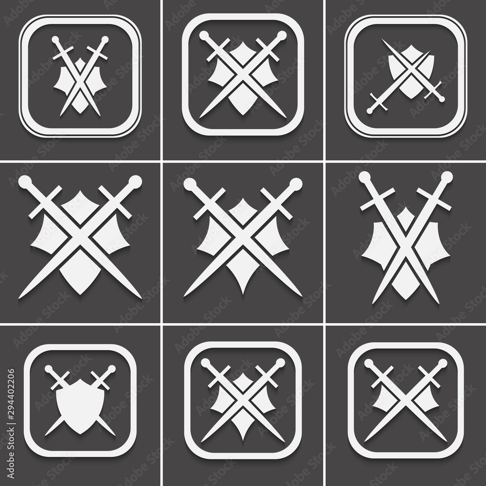 Poster set os shield and sword icon on a black background with shadow.