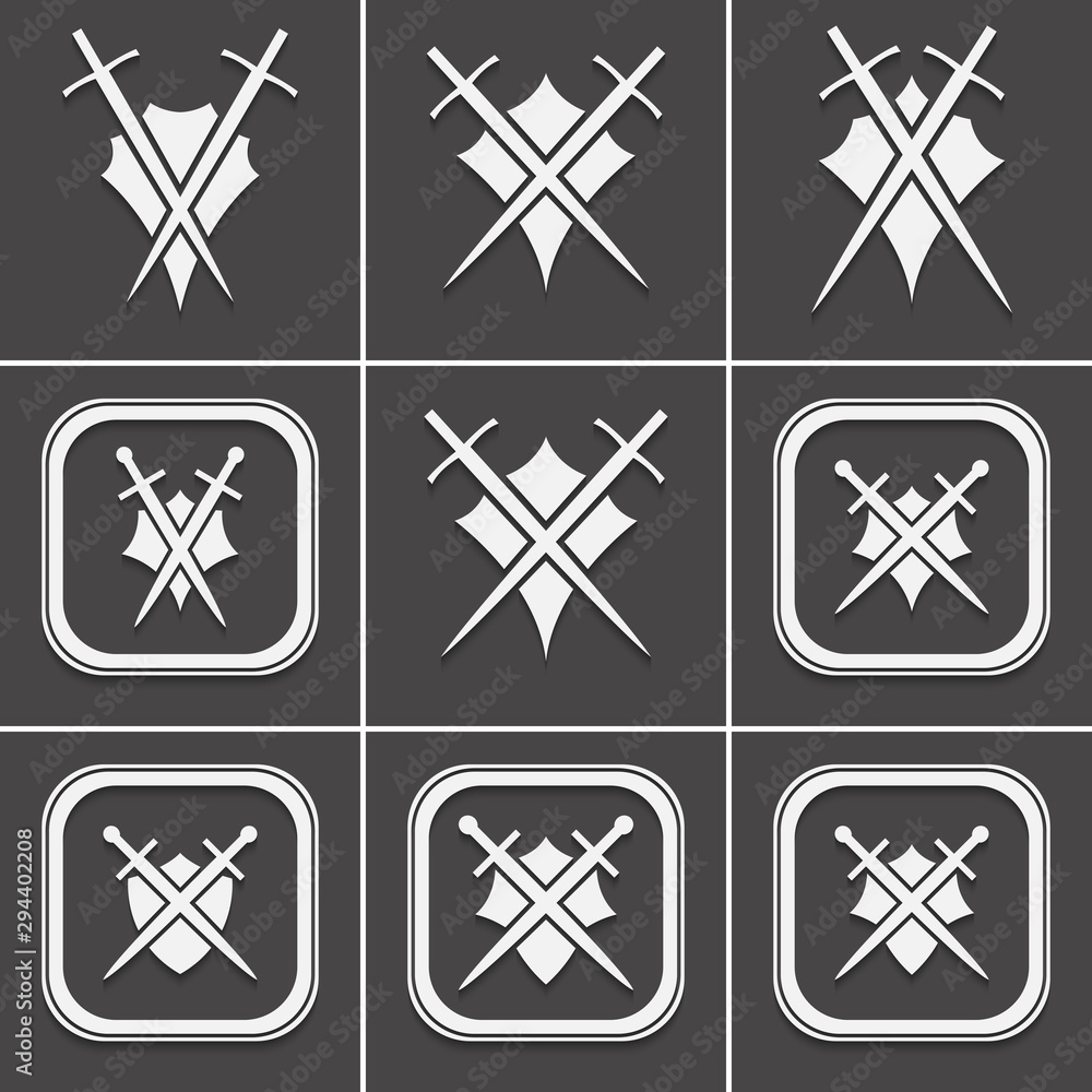 Poster set os shield and sword icon on a black background with shadow.