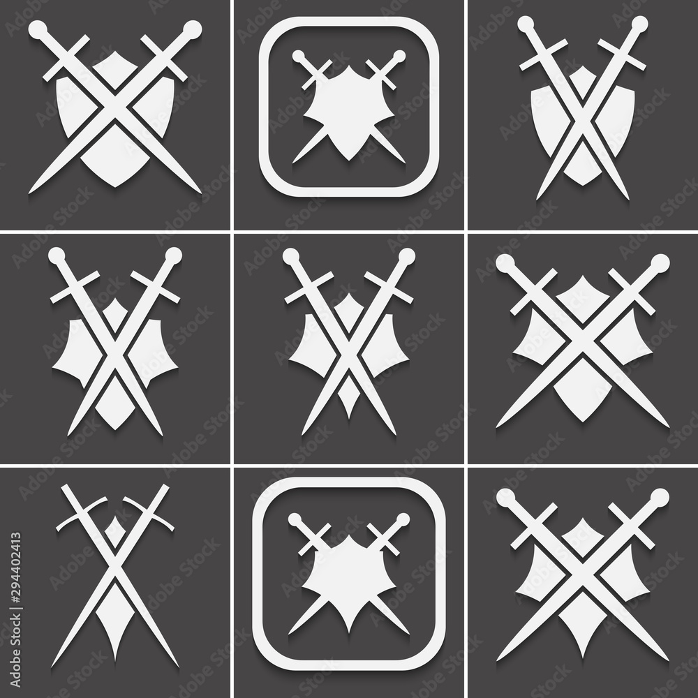 Poster set os shield and sword icon on a black background with shadow.
