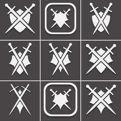 Set os shield and sword icon on a black background with shadow.