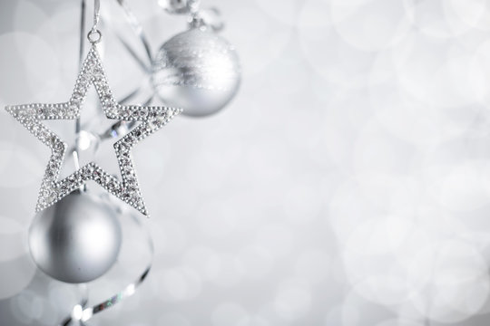 Silver Christmas balls with ribbon