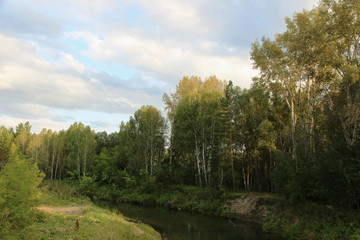 Beautiful scenery. The natural background. Mountains, river, waterfall, grass, trees, blue sky with clouds. 